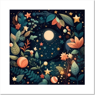 14. Celestial Bohemian Flowers Aesthetic Design Stars Moon Floral Cosmic Pattern Posters and Art